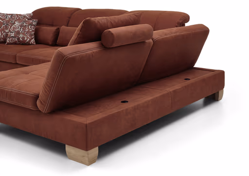 Ecksofa - 3-Sitzer mit Longchair rechts, inkl. Kopfteil/Armlehne verstellbar, Stoff, Rubin