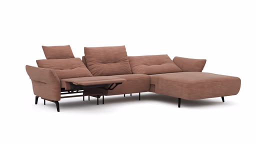 Ecksofa Bahia - 2,5-Sitzer mit Longchair rechts inkl. Kopfteil/ Armlehne verstellbar und Relaxfunktion/ Longchair (motorisch), Stoff, Kupfer
