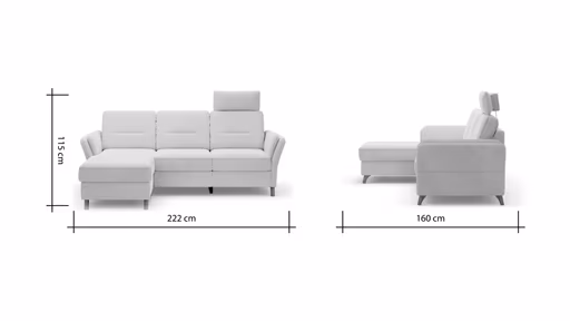 Ecksofa Vayra - Longchair links mit 2,5-Sitzer rechts, inkl. Relaxfunktion (motorisch) und Kopfstütze verstellbar (manuell), Stoff, Offwhite