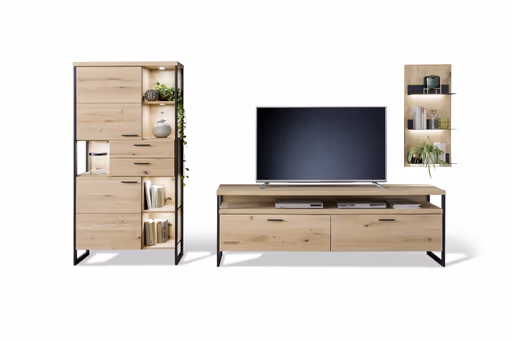 Wohnwand - mit Beleuchtung, Balkeneiche massiv