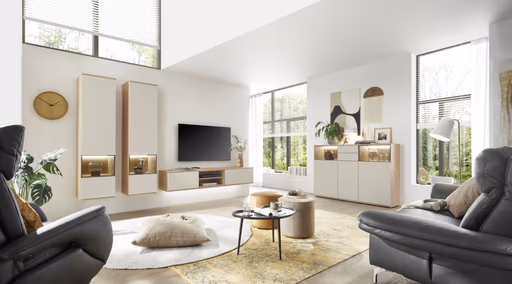 Wohnwand EM Gradina - mit Beleuchtung, Risseiche, Sandbeige