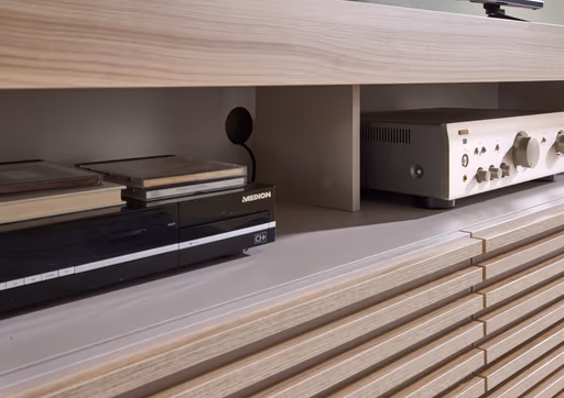 TV-Lowboard - mit Beleuchtung, B ca. 179 cm, Kaschmir, Riva Eiche Nachbildung