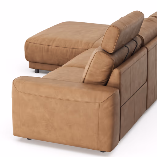 Ecksofa Balok - Longchair groß rechts mit 2,5-Sitzer, inkl. Relaxfunktion (motorisch) und Kopfstütze, Leder, Cognac
