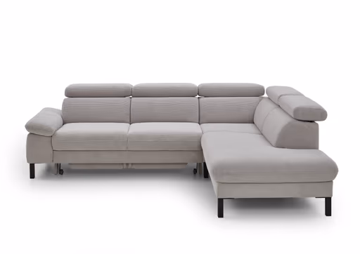 Ecksofa EM Labin - 2,5-Sitzer mit Ecke rechts, Kopfteile verstellbar, Stoff, grau