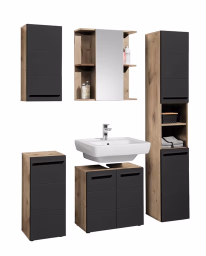 Hochschrank- B ca. 34 cm, Vintage Holz, Schwarz, Matt, Tiefzieh