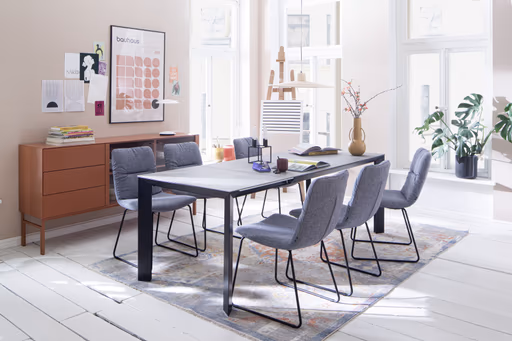 Esstisch Hakon - ausziehbar, LB 160x90 cm, Keramik, Dunkelgrau, Gestell Schwarz