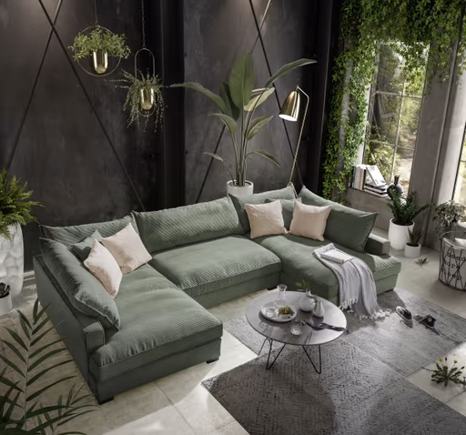 Wohnlandschaft - Longchair links, 2-Sitzer, Ecke rechts, Stoff, Grün