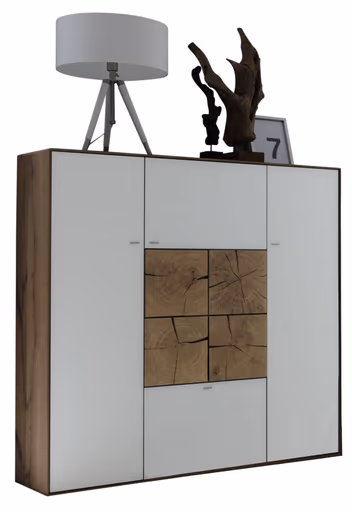 Highboard - Kerneiche massiv, Mattglas, Weiß mit Hirnholzscheiben
