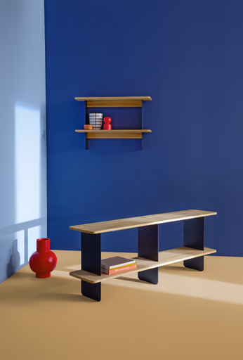 Wandregal Olai - Asteiche massiv, Metall, Schwarz