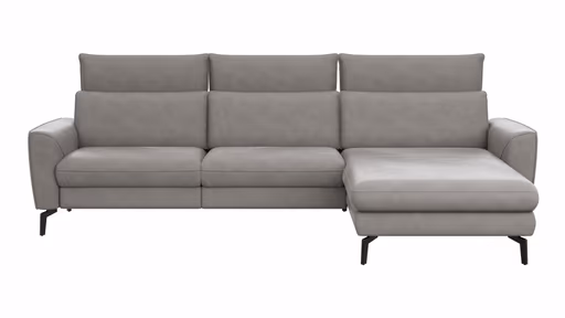 Ecksofa Avela - 2,5-Sitzer mit Longchair rechts inkl. Kopfteile verstellbar, Leder, Steingrau