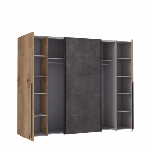 Schwebe-/Drehtürenschrank FAHDA - B. ca. 270 cm, mit Passepartout, Eiche Artisan Dekor, Betonoptik