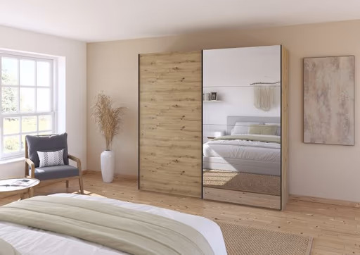 Schwebetürenschrank ROVERO- B ca. 225 cm, Eiche Dekor, Spiegel