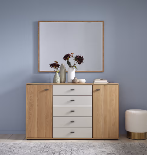 Kommode Lenoso - Eiche massiv, Glas Champagner