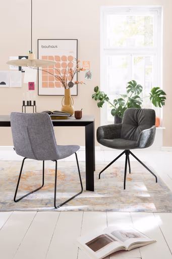 Esstisch Hakon - ausziehbar, LB 160x90 cm, Keramik, Dunkelgrau, Gestell Schwarz