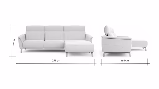 Ecksofa Nevin - 2-Sitzer mit Longchair rechts, inkl. Kopfpolsterverstellung, Stoff, Weiß