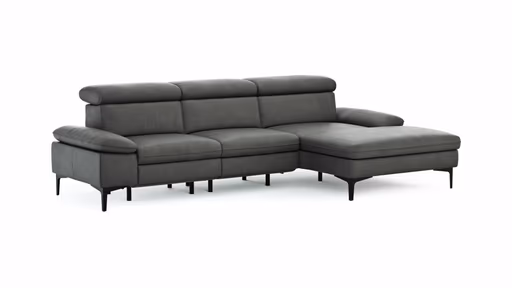 Ecksofa Felipa - 2,5-Sitzer mit Longchair rechts inkl. Armlehne verstellbar und Rückenlehne/Sitztiefe verstellbar (motorisch), Leder, Grau