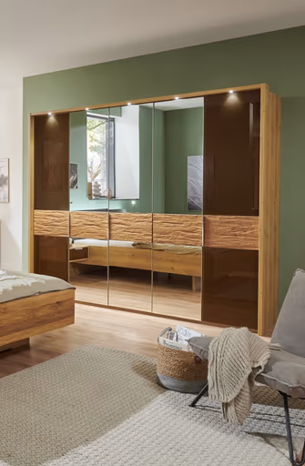 Drehtürenschrank - inkl. Passepartout mit LED-Beleuchtung, B ca. 256,4 cm, Bianco-Eiche teilmassiv, Querriegel massiv, Glas Mocca