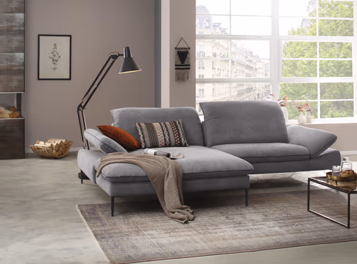  Ecksofa - Longchair links mit 1-Sitzer, Kopfteil/Armlehne/Sitztiefe verstellbar, Stoff, Grau