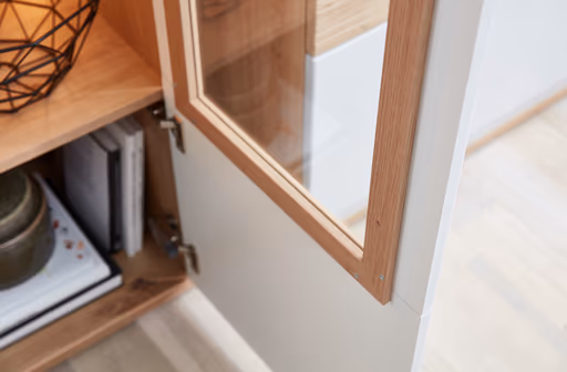 Wohnwand EM Teolo - mit Wandboard und Beleuchtung und geschroppter Rückwand, Alteiche, Lichtgrau