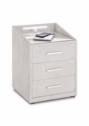 Nachttisch- Creme, mit Glasplatte, inkl. Beleuchtung