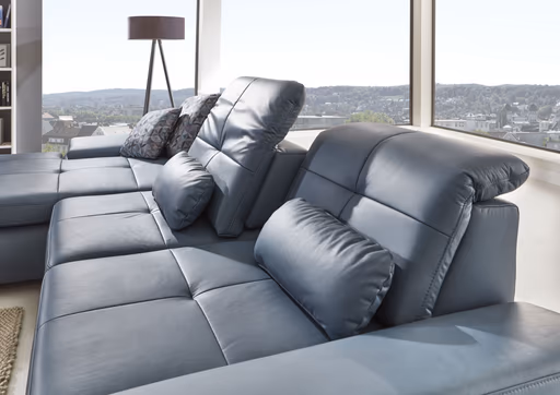 Ecksofa - Longchair links mit 3-Sitzer inkl. Sitztiefenverstellung, Leder, Graublau