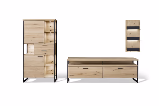 Wohnwand - mit Beleuchtung, Balkeneiche massiv