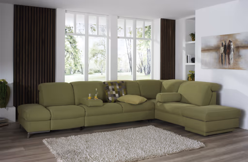 Ecksofa - 3,5-Sitzer mit Ecke rechts, Kopfteil/Armlehne verstellbar, Relaxfunktion motorisch, Stoff, Olive