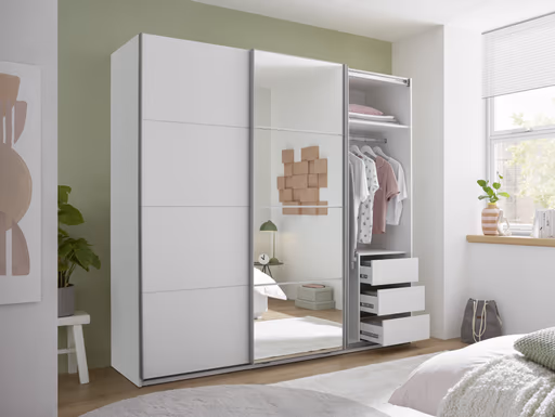 Schwebetürenschrank- B ca. 215 cm, Weiß, Spiegel