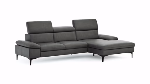 Ecksofa Felipa - 2,5-Sitzer mit Longchair rechts inkl. Kopfteil verstellbar, Leder, Grau
