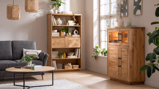 Highboard Oreia - mit LED-Beleuchtung, Wildeiche massiv, natur geölt