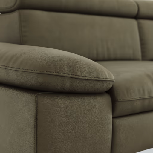 Ecksofa Felipa - 2,5-Sitzer mit Longchair rechts inkl. Kopfteil verstellbar, Leder, Olive