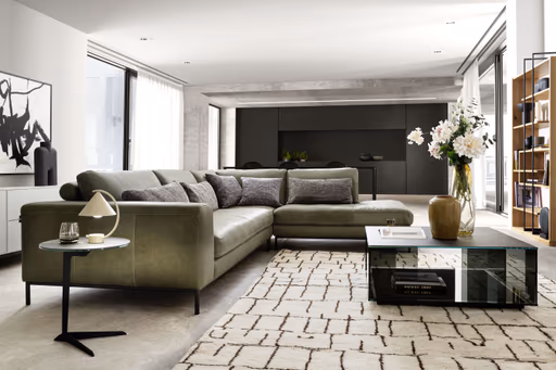 Ecksofa Solano - 2,5-Sitzer mit Ecke rechts, Leder, Olive, Relingfuß