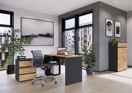 Winkelschreibtisch GRIFFIN - LB ca. 146x145 cm, Eiche Nachbildung, Graphit