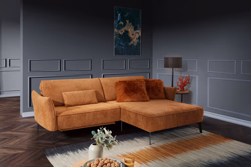 Ecksofa - 1-Sitzer mit Longchair rechts, Kopfteil verstellbar, Stoff, Curry