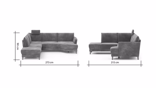 Sofa Stamford - inkl. Armlehne verstellbar und Kopfstütze, Ecksofa 2-sitzig und Abschlusshocker links mit 3,5-Sitzer, Bogen rechts, Stoff, Anthrazit