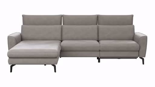 Ecksofa Avela - Longchair mit 2,5-Sitzer rechts inkl. Kopfteile, Relaxfunktion und Longchair motorisch verstellbar, Leder, Steingrau