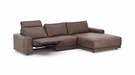Ecksofa Balok - 2,5-Sitzer mit Longchair groß rechts, inkl. Relaxfunktion (motorisch) und Kopfstütze, Leder, Dunkelbraun