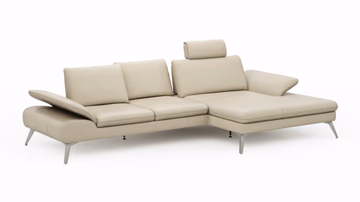 Ecksofa Collina - 2,5-Sitzer, Longchair rechts, inklusive Kopfstütze, Leder, Ecru