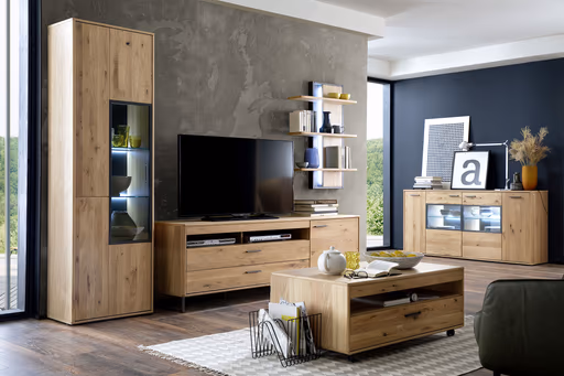 Wohnwand - mit Beleuchtung, Eiche teilmassiv