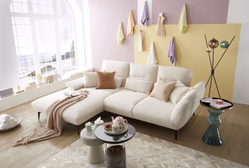 Ecksofa PAYTON - Ecke links, 2-Sitzer inkl. Rückenneigung, Armteilverstellung, Stoff, Creme (Ausstellungskombination)