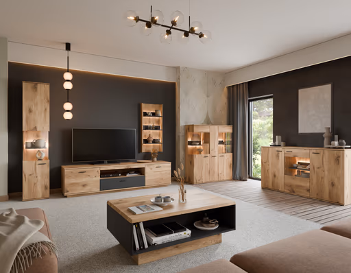 TV-Lowboard - B ca. 210 cm, Viking Eiche Nachbildung, Anthrazit