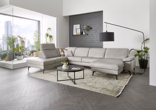 Wohnlandschaft - Ecke links mit 2,5-Sitzer und Longchair rechts, Kopfteil verstellbar, Leder, Alufarben