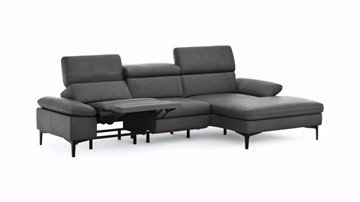 Ecksofa Felipa - 2,5-Sitzer mit Longchair rechts inkl. Armlehne verstellbar und Rückenlehne/Sitztiefe verstellbar (motorisch), Leder, Grau