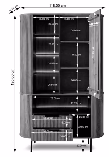 Highboard - mit Beleuchtung, B ca. 118 cm, Akazie massiv