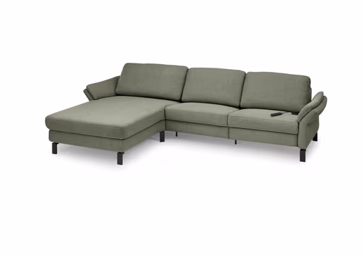 Ecksofa CALM PREMIUM 2.0 - Longchair links mit 3-Sitzer, Relaxfunktion motorisch, Armlehne verstellbar, Stoff, Dunkelgrün