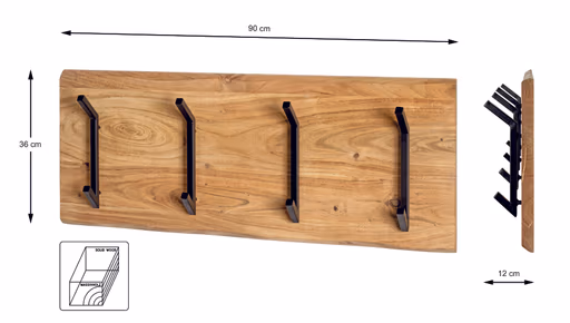 Wandgarderobe - B ca. 90 cm, Akazie, Schwarz