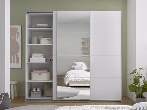 Schwebetürenschrank- B ca. 215 cm, Weiß, Spiegel