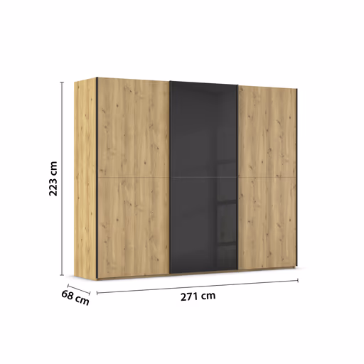Schwebetürenschrank - B. ca. 271 cm, Front Asteiche massiv, Mitteltür Farbglas Schwarz