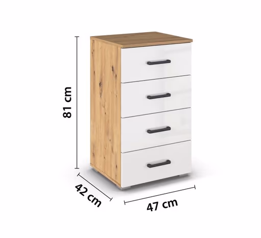 Kommode RHONDA- Eiche Dekor, Weiß, Hochglanz