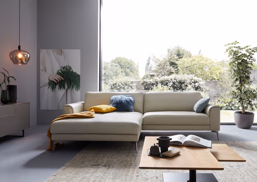 Ecksofa Enna - Longchair Links mit 1,5-Sitzer inklusive Relaxfunktion (motorisch), Leder, Ecru